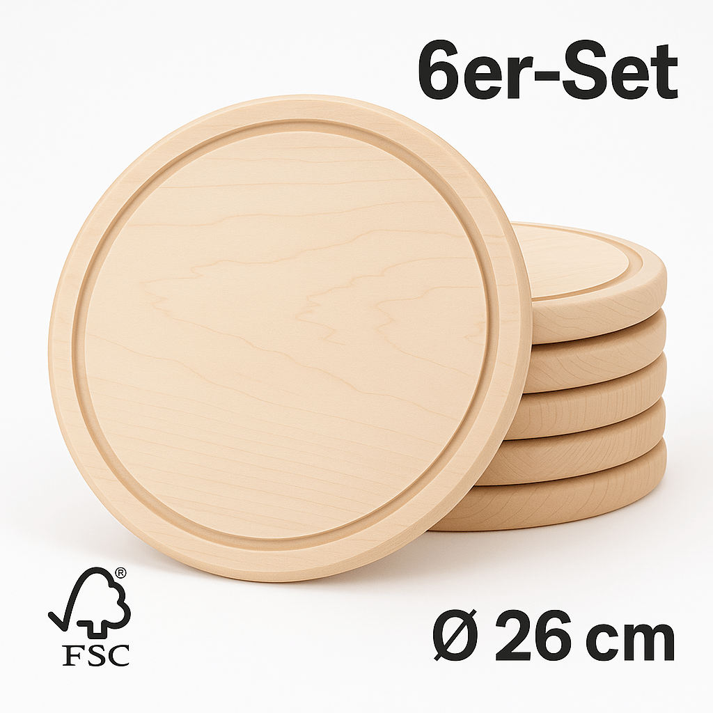 6er - Set Schneidebretter rund Ø 26cm – FSC® Ahornholz mit Saftrille - haftig.at