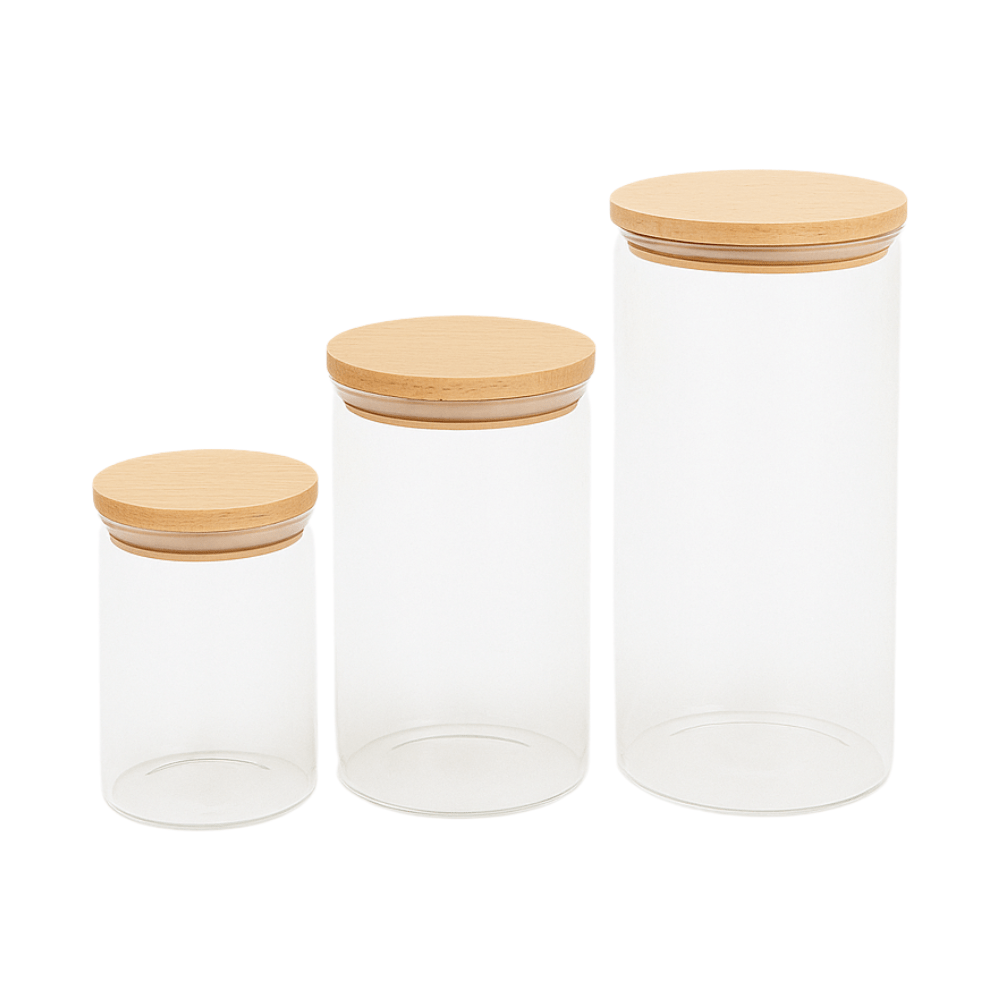 HAFTIG Vorratsgläser - Set mit FSC - Buchenholzdeckel – 1 200 ml, 1 500 ml & 2 200 ml | Borosilikatglas, Silikondichtung, nachhaltig - haftig.at