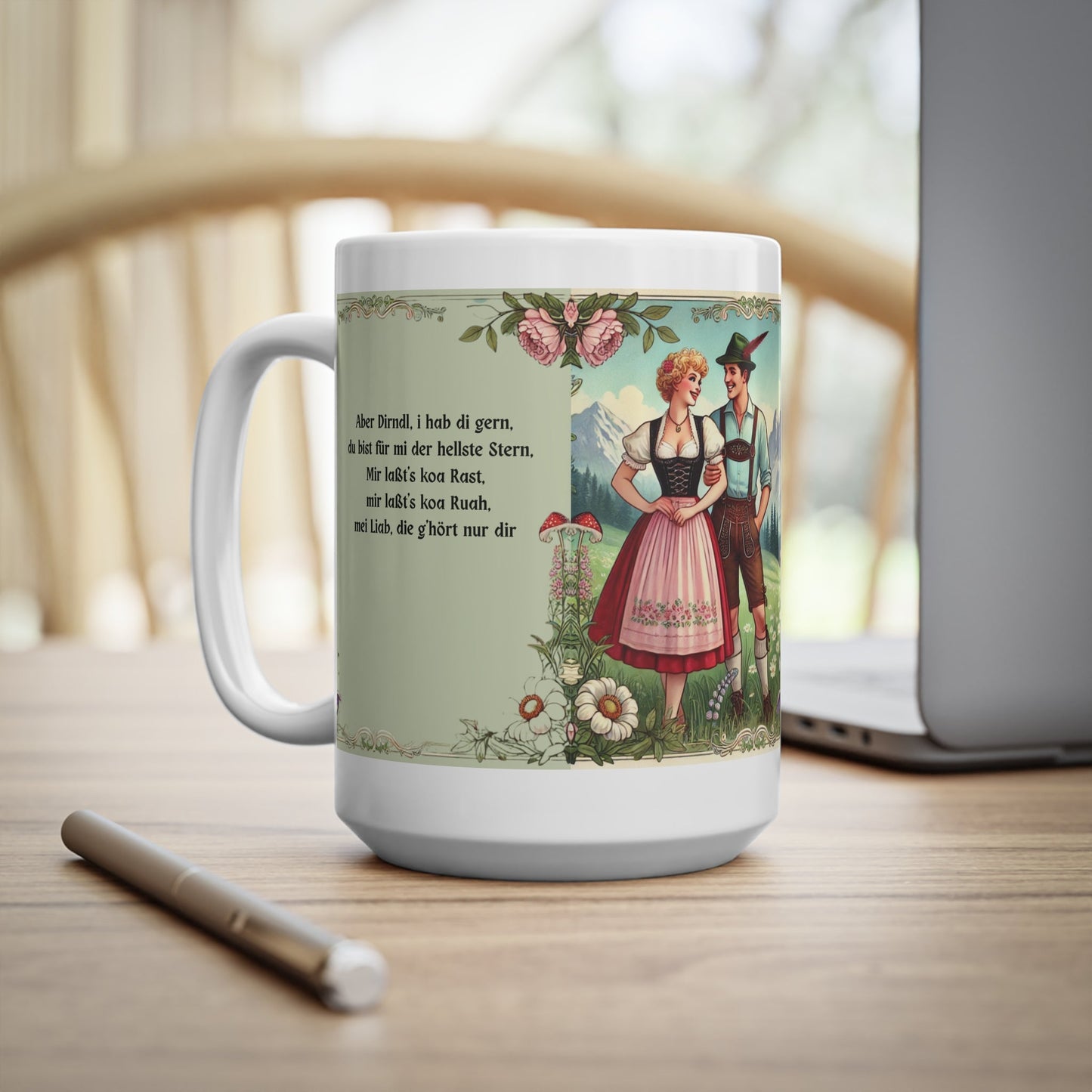 Vintage Alpentasse mit Spruch & Liebesmotiv | 15oz (445 ml) Keramiktasse | Retro Tasse | Trachtenpärchen - haftig.at