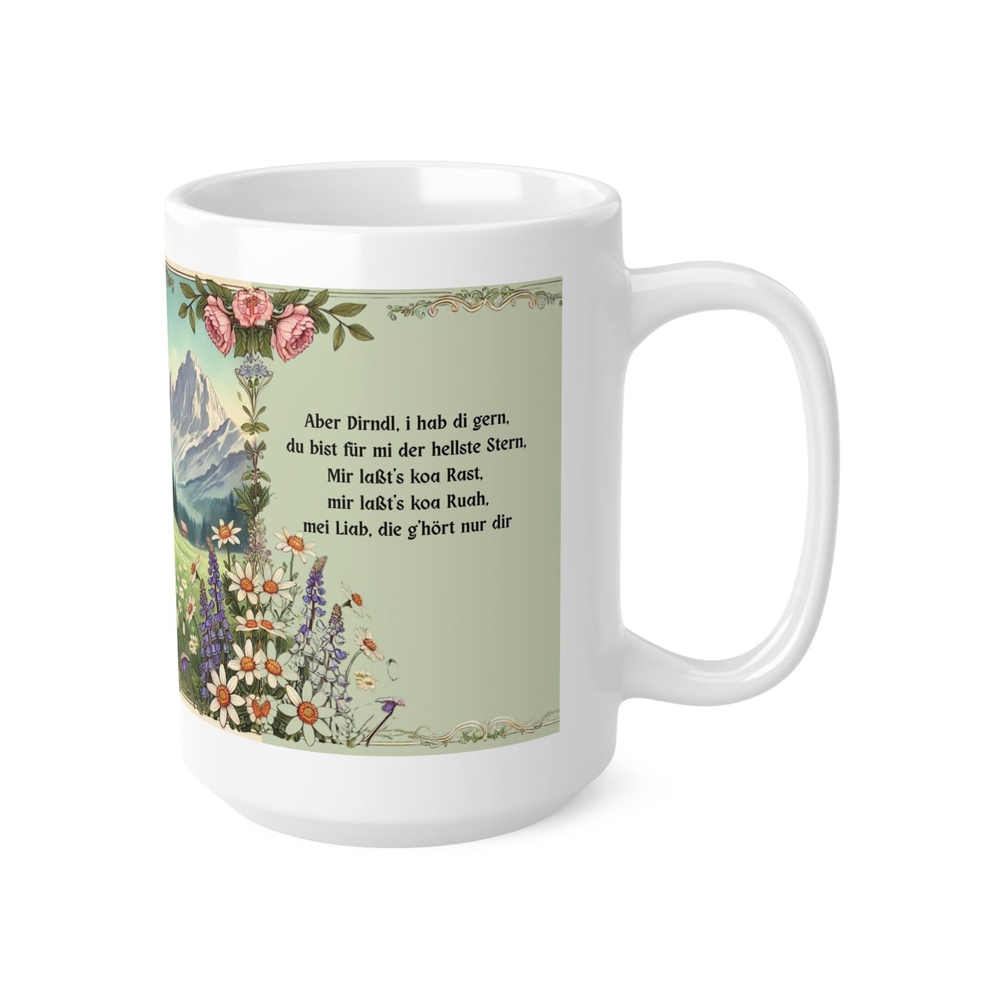 Vintage Alpentasse mit Spruch & Liebesmotiv | 15oz (445 ml) Keramiktasse | Retro Tasse | Trachtenpärchen - haftig.at