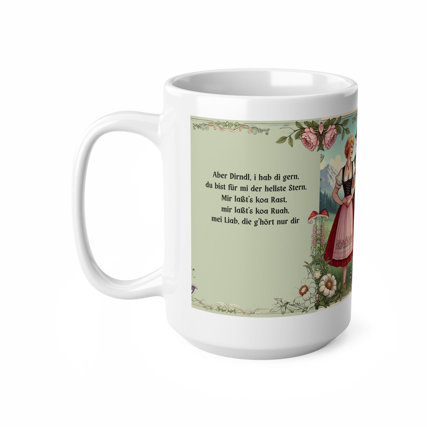 Vintage Alpentasse mit Spruch & Liebesmotiv | 15oz (445 ml) Keramiktasse | Retro Tasse | Trachtenpärchen - haftig.at