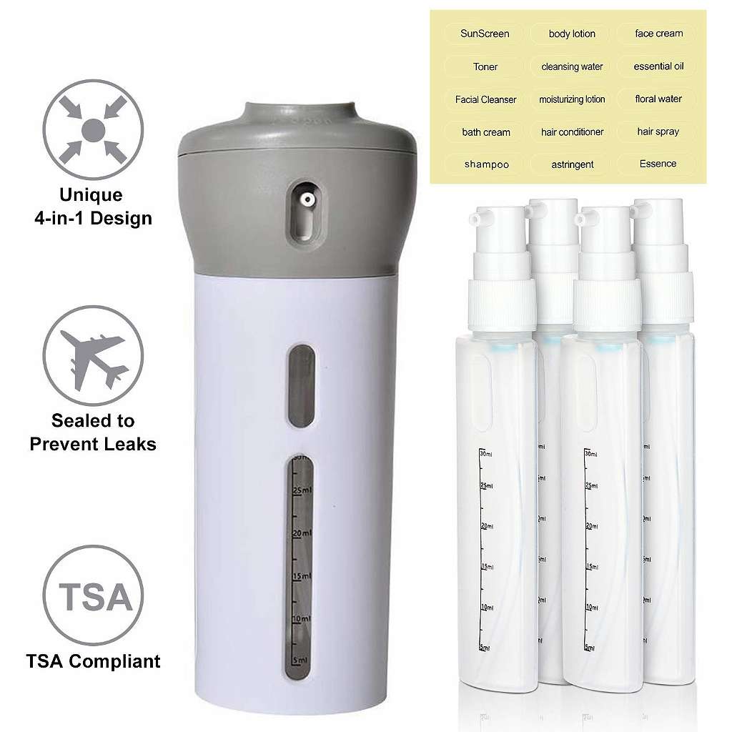 4 - in - 1 Reisespender 40 ml – auslaufsicherer Reisebehälter für Shampoo, Lotion & Pflege - haftig.at