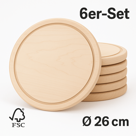 6er - Set Schneidebretter rund Ø 26cm – FSC® Ahornholz mit Saftrille - haftig.at