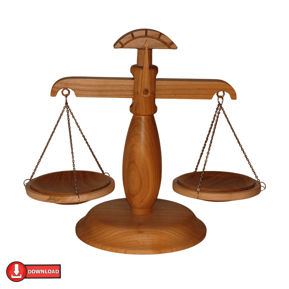 Gedrechselte Waage – Bauplan (PDF) mit einlegbaren Wiegeschalen | Maßstab 1:1 - haftig.at