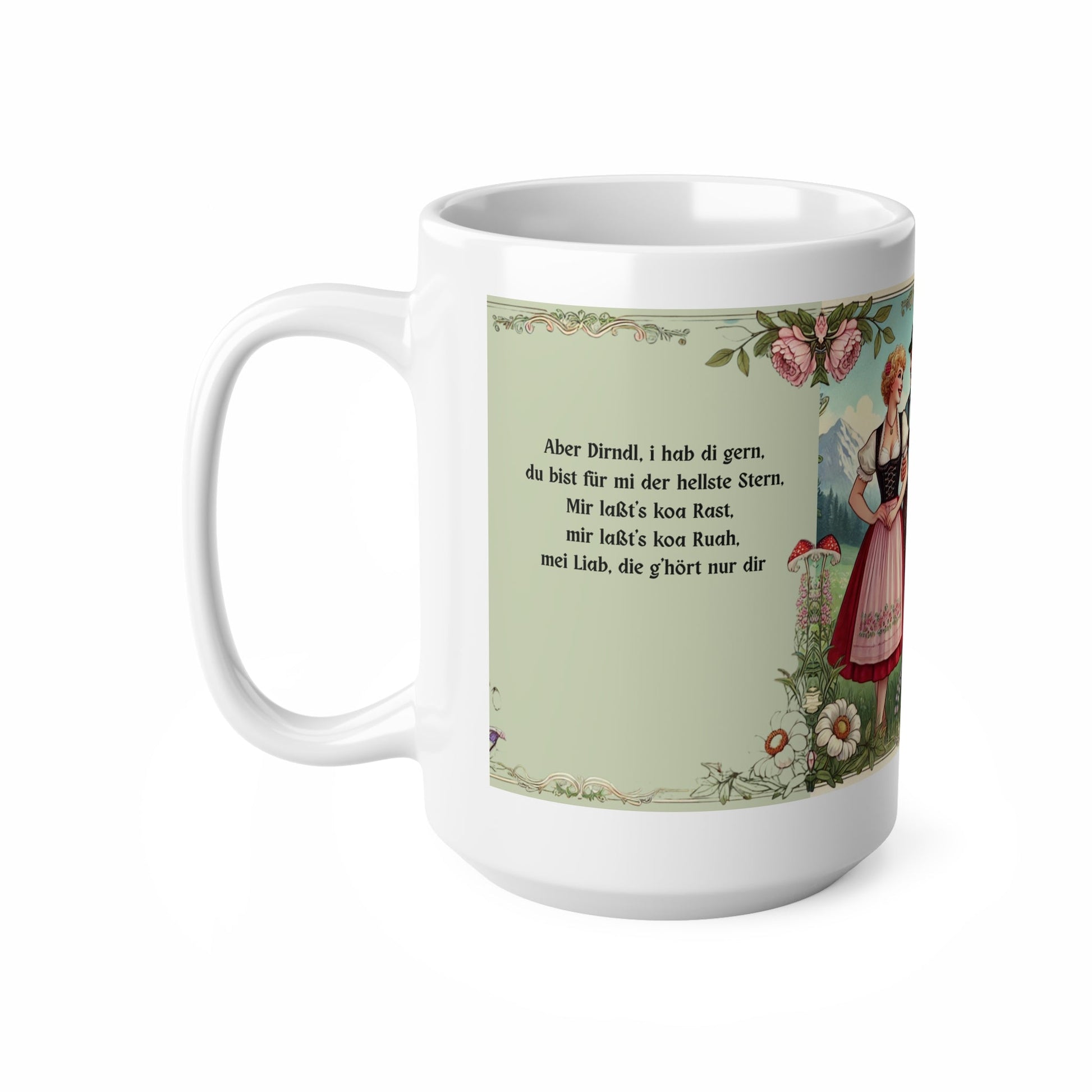 Vintage Alpentasse mit Spruch & Liebesmotiv | 15oz (445 ml) Keramiktasse | Retro Tasse | Trachtenpärchen - haftig.at