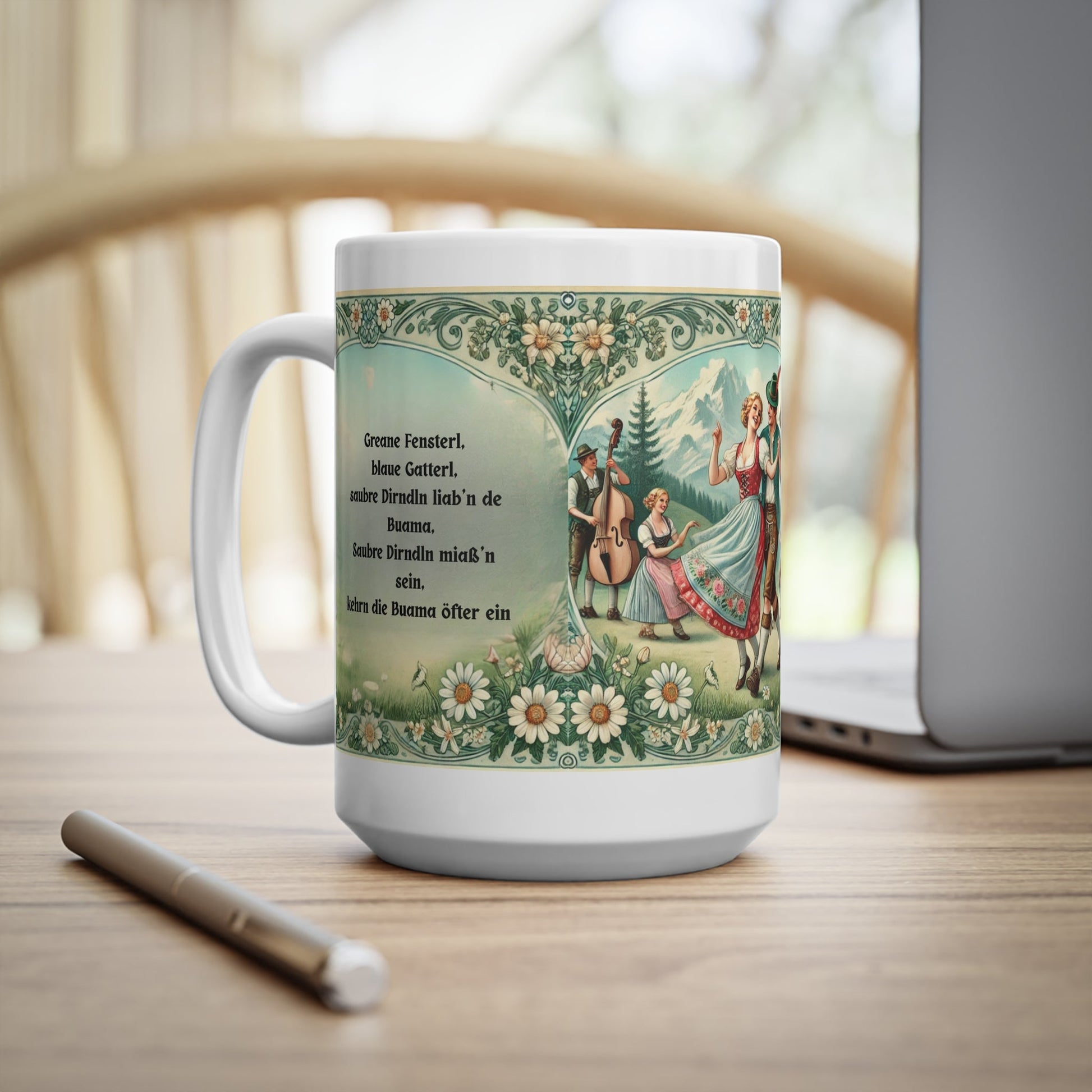 Vintage Tasse mit Almspruch | 445 ml (15oz) Keramiktasse mit Trachtenmotiv | Geschenkstipp - haftig.at