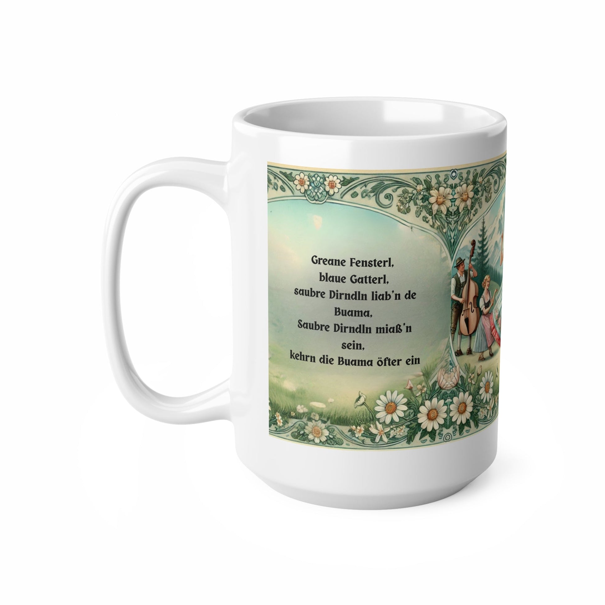 Vintage Tasse mit Almspruch | 445 ml (15oz) Keramiktasse mit Trachtenmotiv | Geschenkstipp - haftig.at