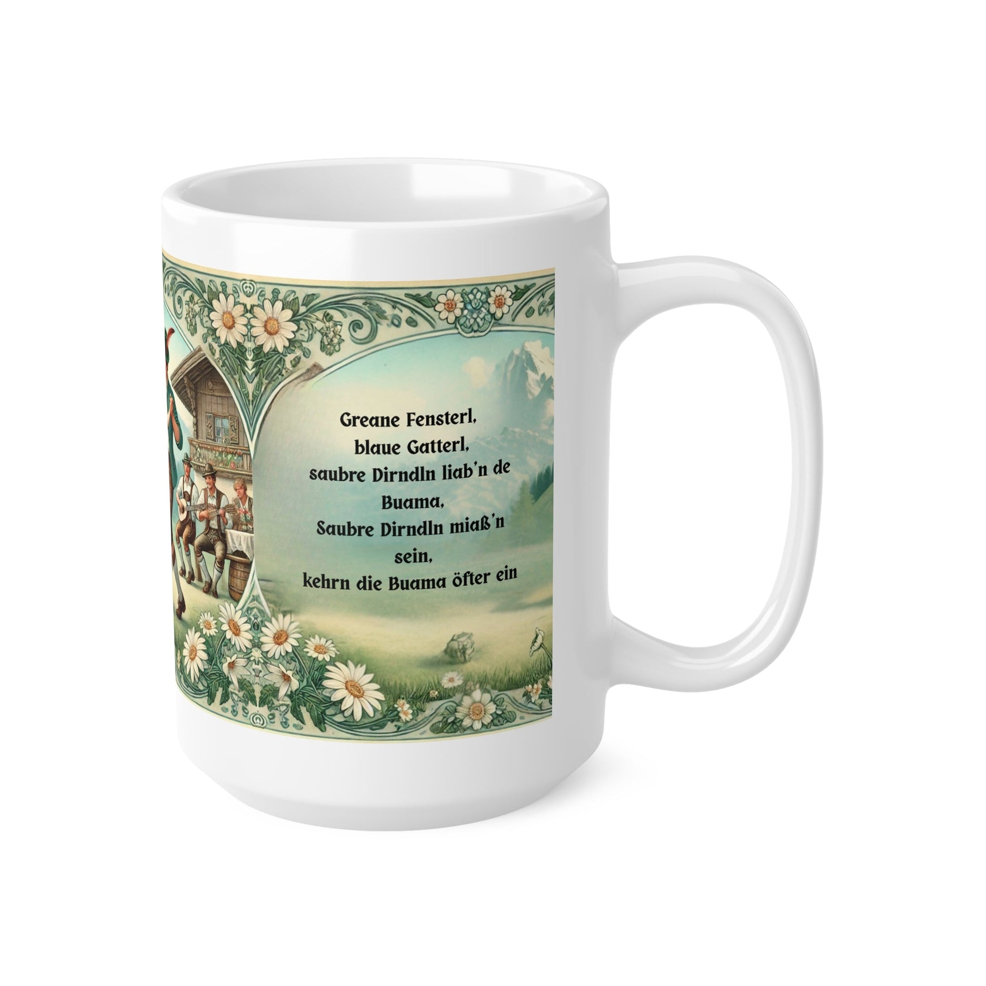 Vintage Tasse mit Almspruch | 445 ml (15oz) Keramiktasse mit Trachtenmotiv | Geschenkstipp - haftig.at